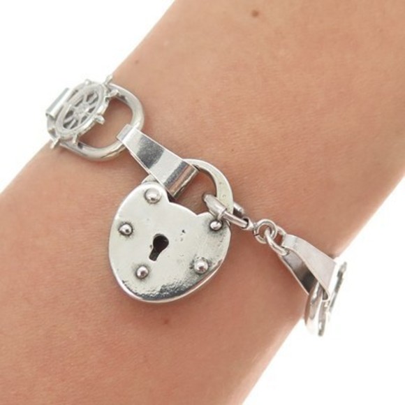 925 Sterling Silver Antique Heart Padlock Sailboat Wheel & Anchor Bracelet 7.25" - Picture 1 of 6